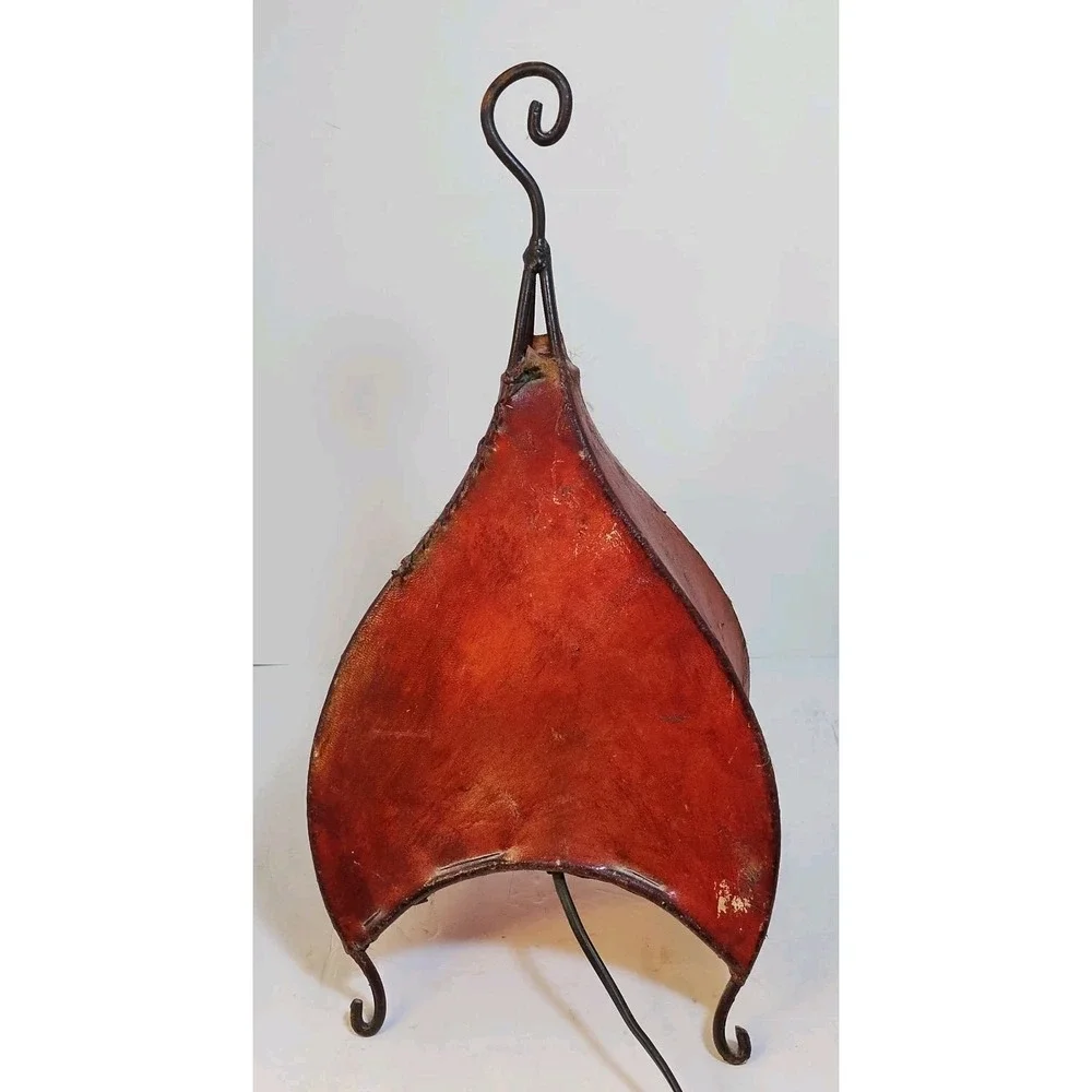 Vintage Pig Skin Table Lamp Iron Accent Light Spanish Red Leather Scroll Bedside - Picture 3 of 16